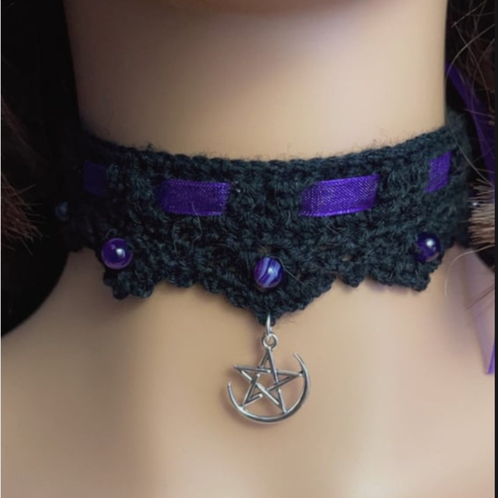 Moonlit Magic Choker – With Crescent Moon & Pentacle Pendant